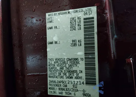 2012 Nissan Altima 2.5 S z USA, uszkodzony, nr VIN 1N4AL2AP6CC251214